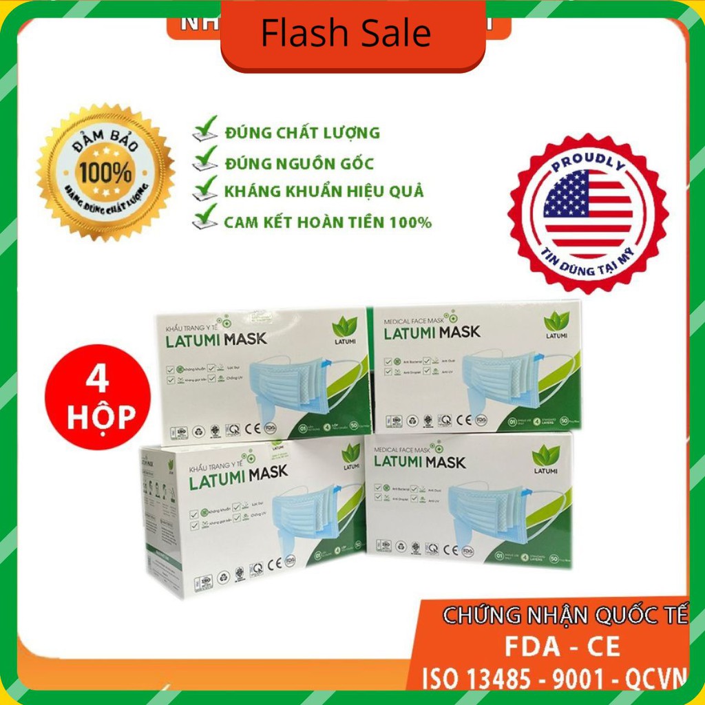 COMBO 4 HỘP Khẩu Trang Y Tế 4 Lớp Kháng Khuẩn LATUMI Mỗi Hộp 50 Chiếc  Có Tác Dụng Phòng Chống Vi khuẩn
