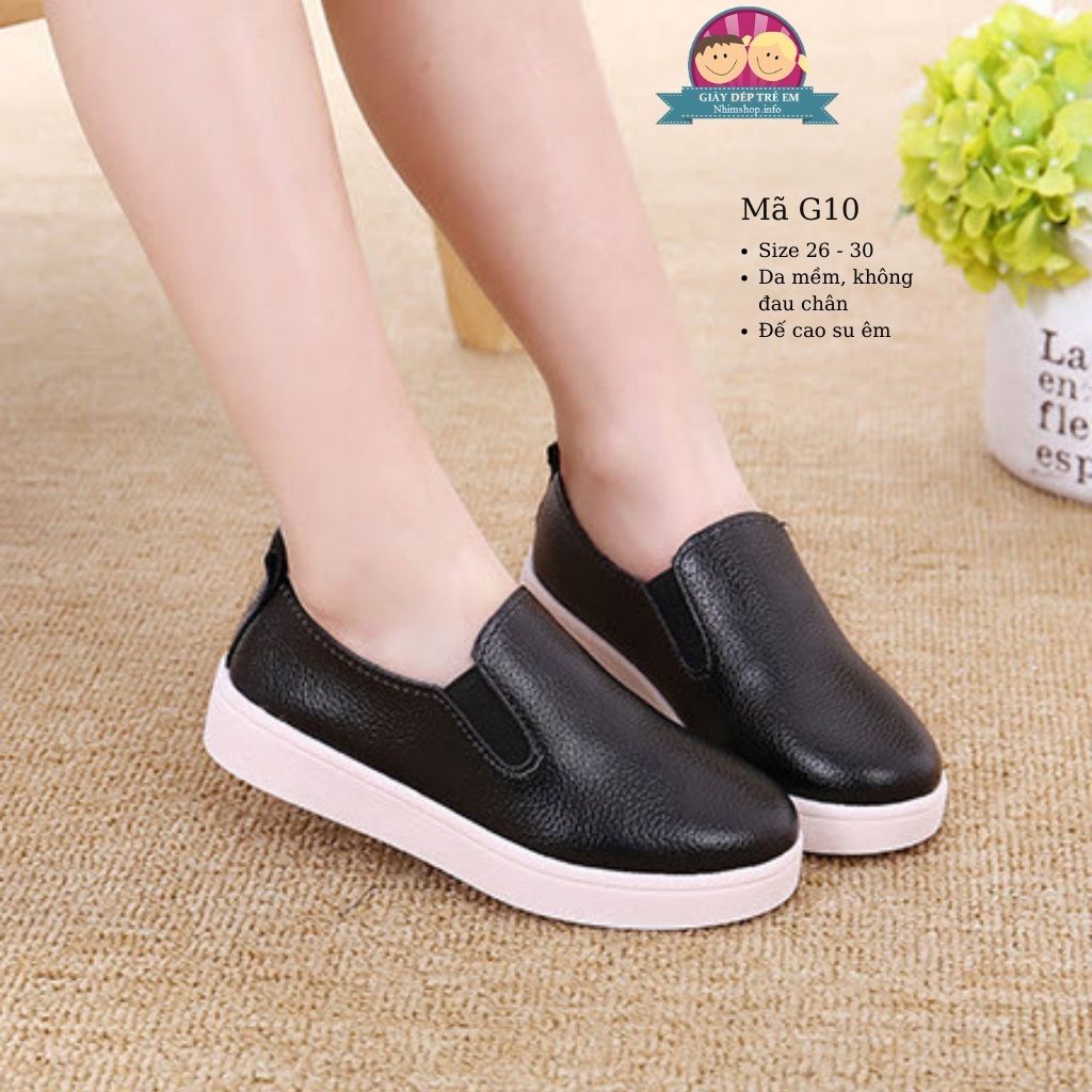 Giày lười bé trai bé gái màu đen da PU mềm mại kiểu dáng Slipons tiện dụng đi học đi chơi G10