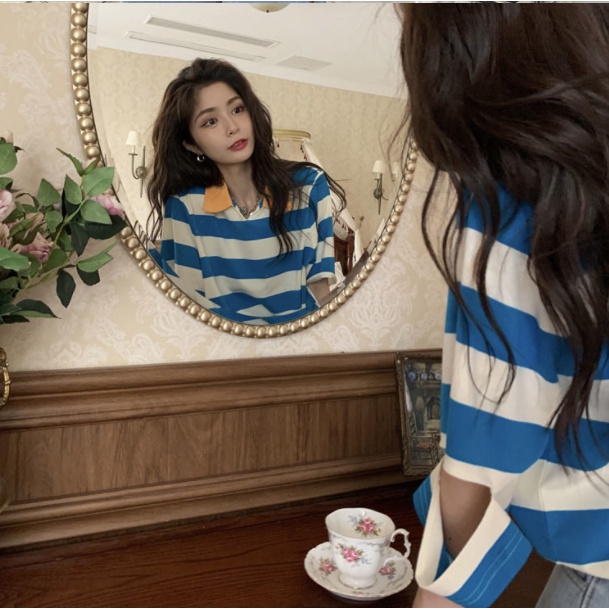 Áo Thun Polo Dáng Rộng Họa Tiết Kẻ Sọc Tay Ngắn Cổ Chữ V Phong Cách Thời Trang Mùa Hè Cho Nữ | BigBuy360 - bigbuy360.vn