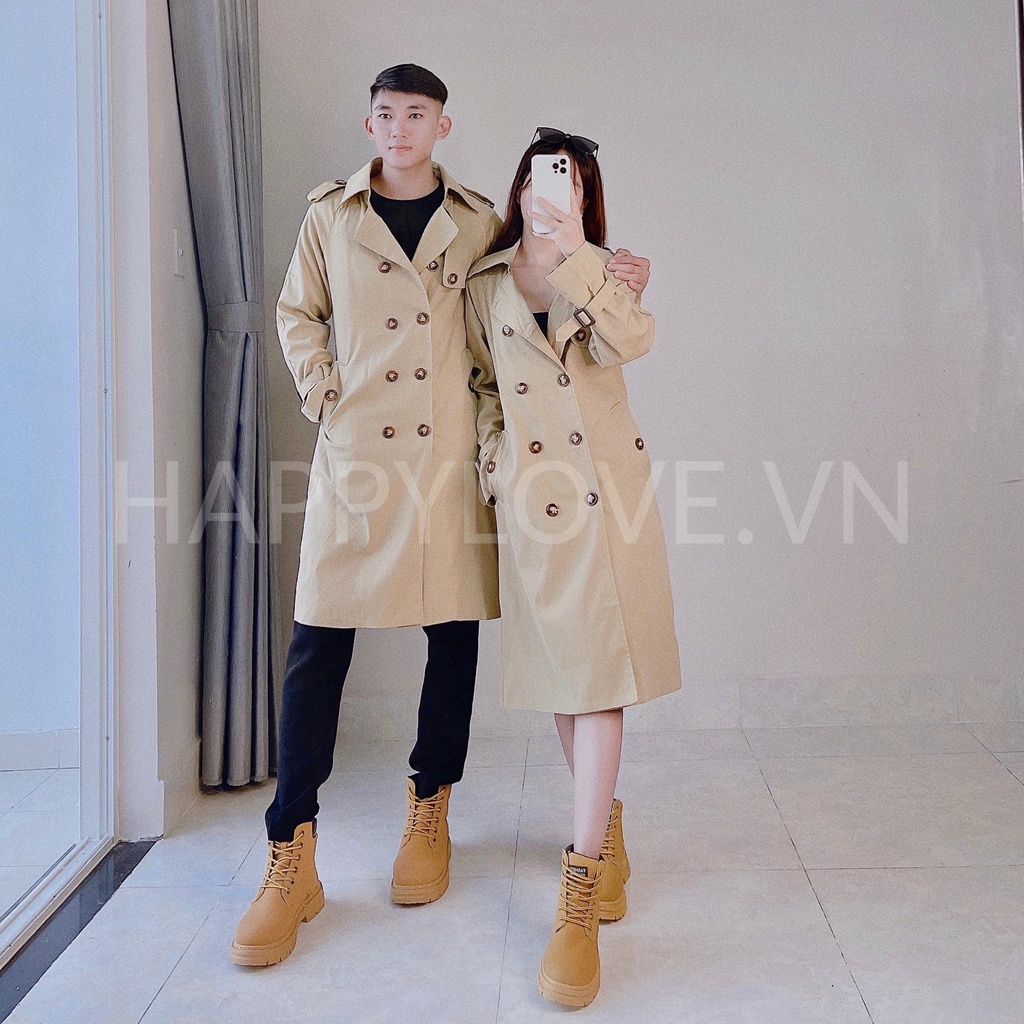 Áo Khoác Mangto Đôi Nam Nữ Form rộng mùa Đông đẹp kiểu dáng Hàn Quốc HAPPYLOVE, Set Đồ Đôi Couple Màu Kem Dáng Dài H26