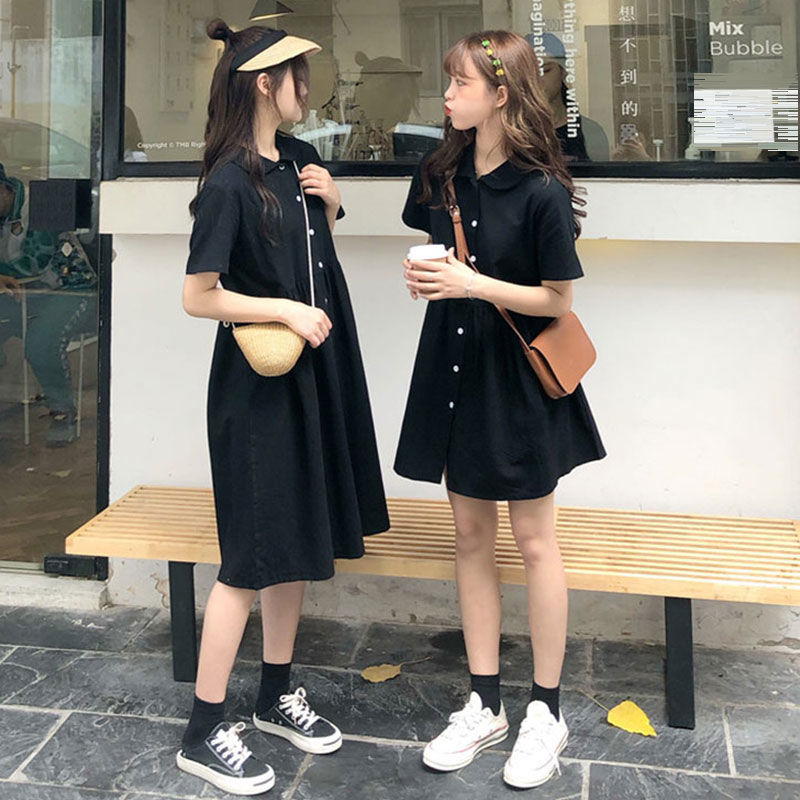 Mùa hè Hàn Quốc Retro Lỏng tay ngắn Váy dài qua đầu gối Nữ búp bê Pháp Cổ áo dài trung bình Váy chữ A Xu hướng