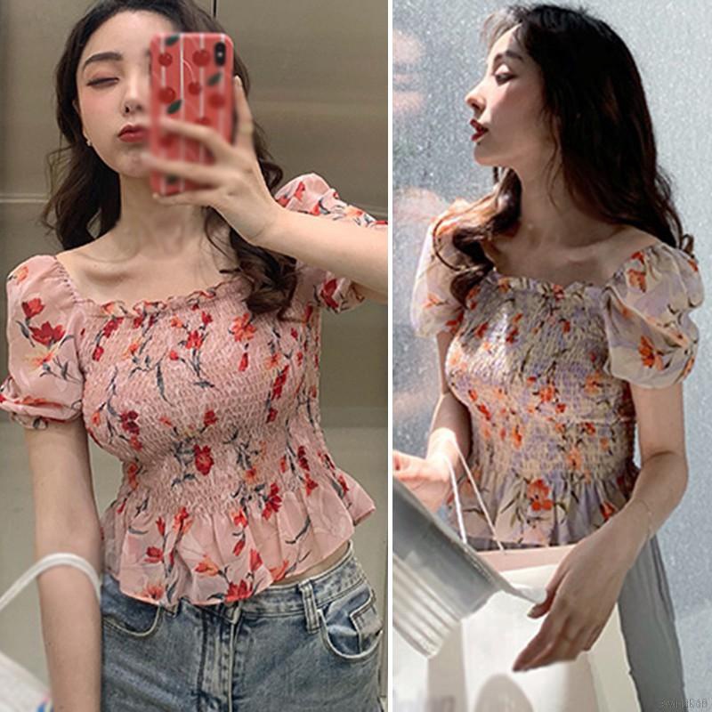 Áo Crop top Vải Voan Tay Ngắn Phồng In Họa Tiết Hoa Phong Cách Hàn Quốc Quyến Rũ Dành Cho Nữ