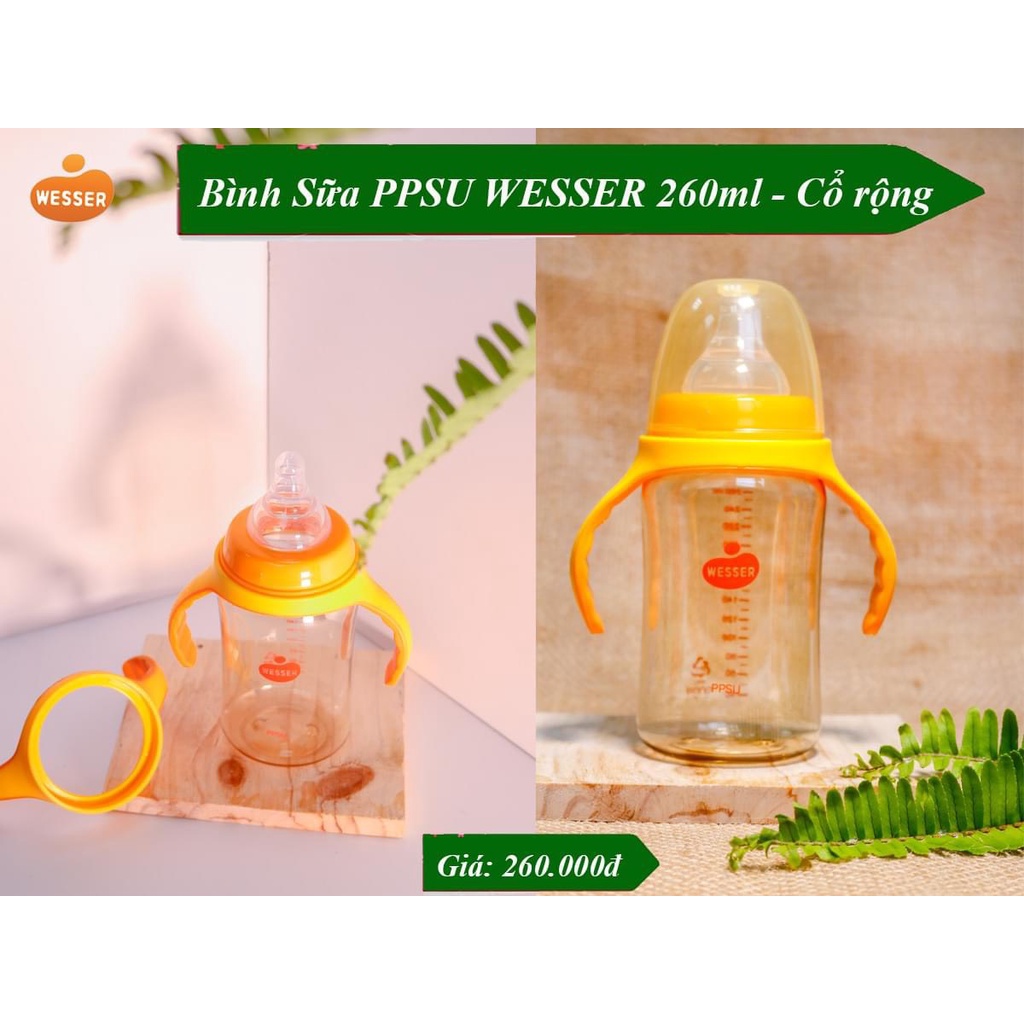 BÌNH SỮA CÓ ỐNG HÚT CỔ RỘNG CAO CẤP PPSU WESSER 180ML/260ML