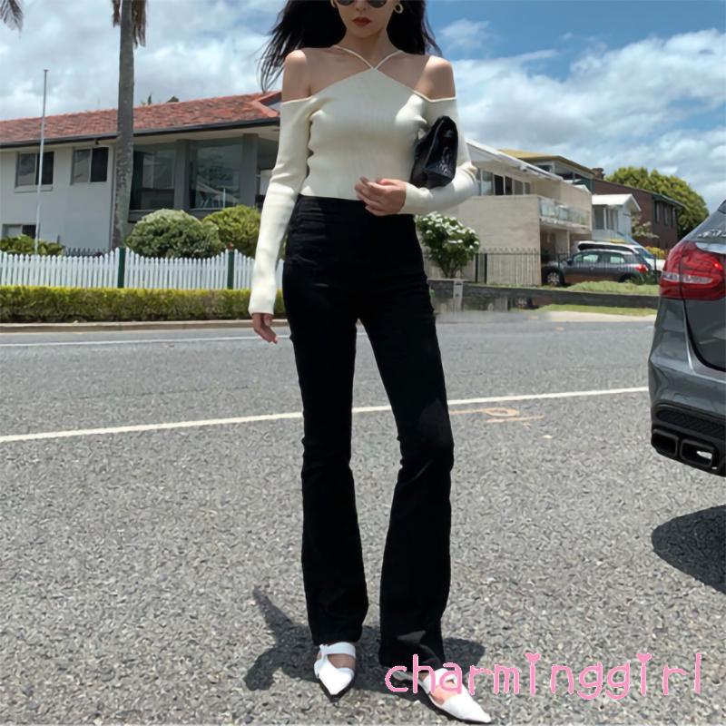 Áo Dệt Kim Tay Dài Hở Vai Màu Sắc Trơn Thời Trang Mùa Hè Cho Nữ