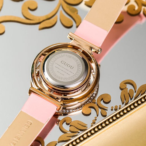 Đồng hồ nữ đeo tay dây da Guou mặt xoay 360 độc đáo chính hãng chống nước tuyệt đối