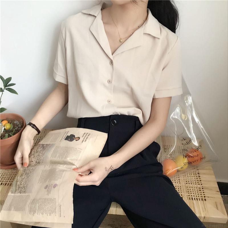 Áo cổ chữ V ngắn tay thanh lịch thời trang nữ
