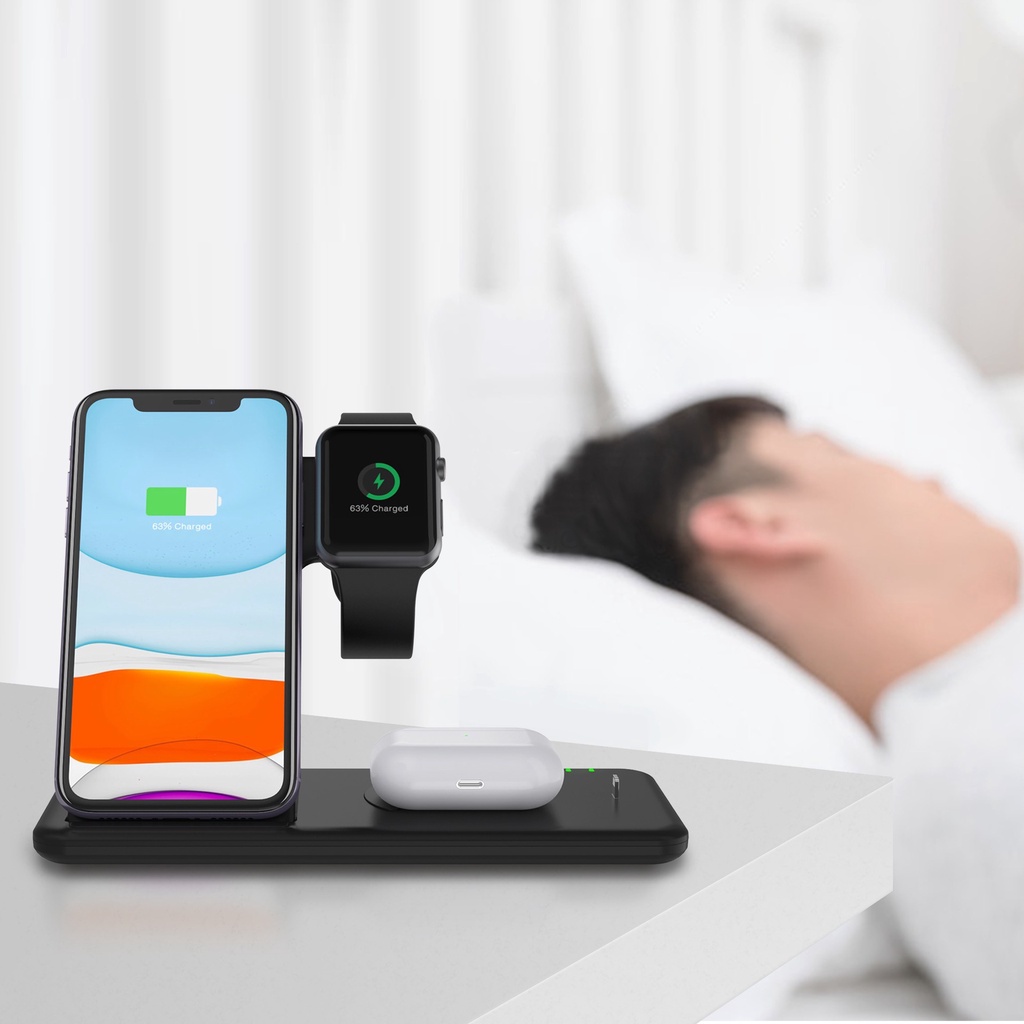 Đế sạc không dây siêu nhanh 4 trong 1 cao cấp 15W phù hợp cho các thiết bị hỗ trợ sạc không dây