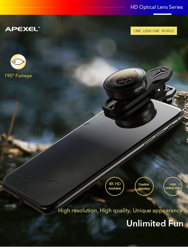Ống kính Apexel hd 195 độ fisheye thích hợp cho điện thoại iphone Xiaomi Samsung Huawei