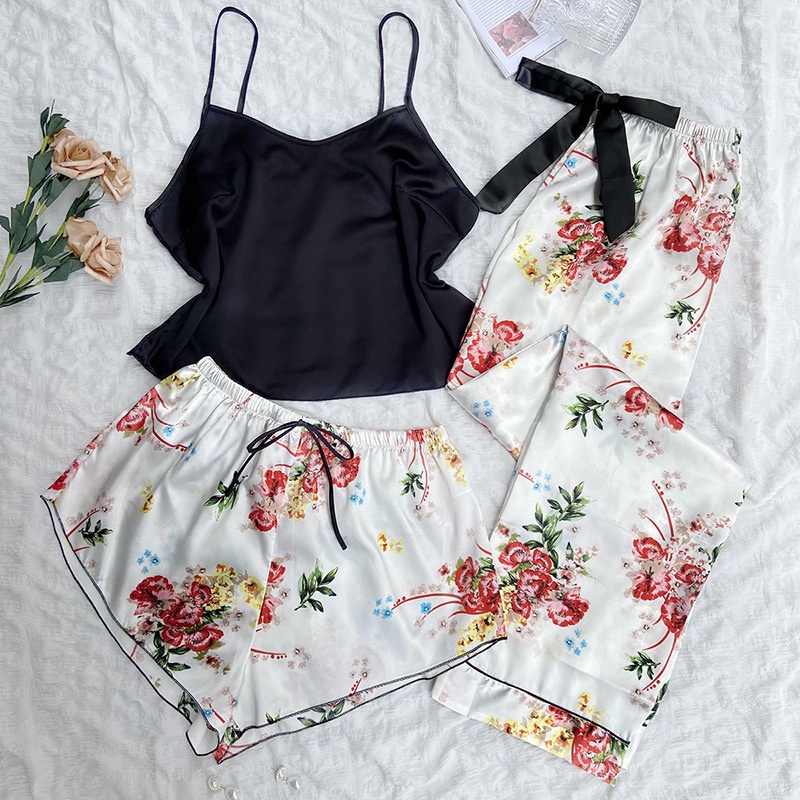 Bộ Đồ Ngủ 3 Món Bằng Lụa Mềm Dáng Rộng In Họa Tiết Thời Trang Cho Nữ