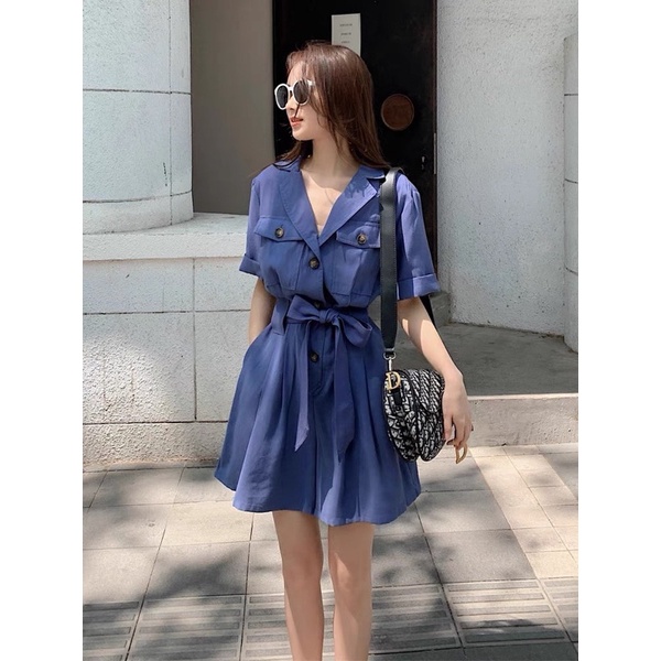 Jumpsuit cổ vest túi ngực quần sooc chun eo - Jum nữ chất kaki mềm