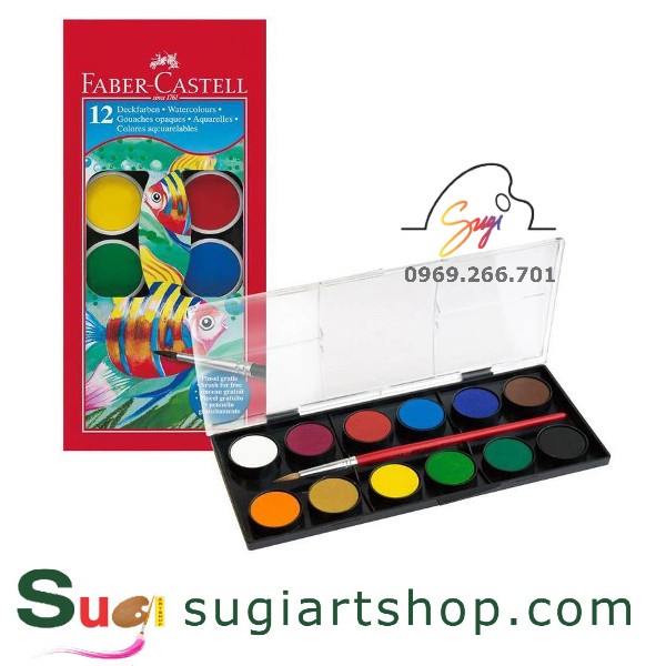 Màu nước Faber Castell bộ 12 màu dạng nén kèm cọ,KHAY MÀU NƯỚC, 12 BÁNH MÀU -  watercolour paint cakes Faber Castel