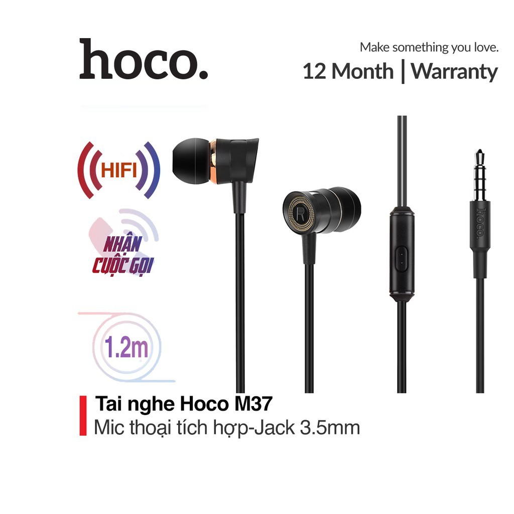 Tai nghe nhét tai jack 3.5mm Hoco M37 dây tráng men tích hợp mic thoại dài 1.2M tương thích với các thiết bị