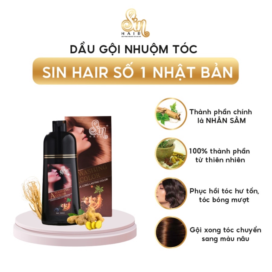 Dầu gội phủ bạc Sin Hair  màu nâu, giữ màu 45 ngày. Giá rẻ, an toàn không độc hại thể tích 500ml