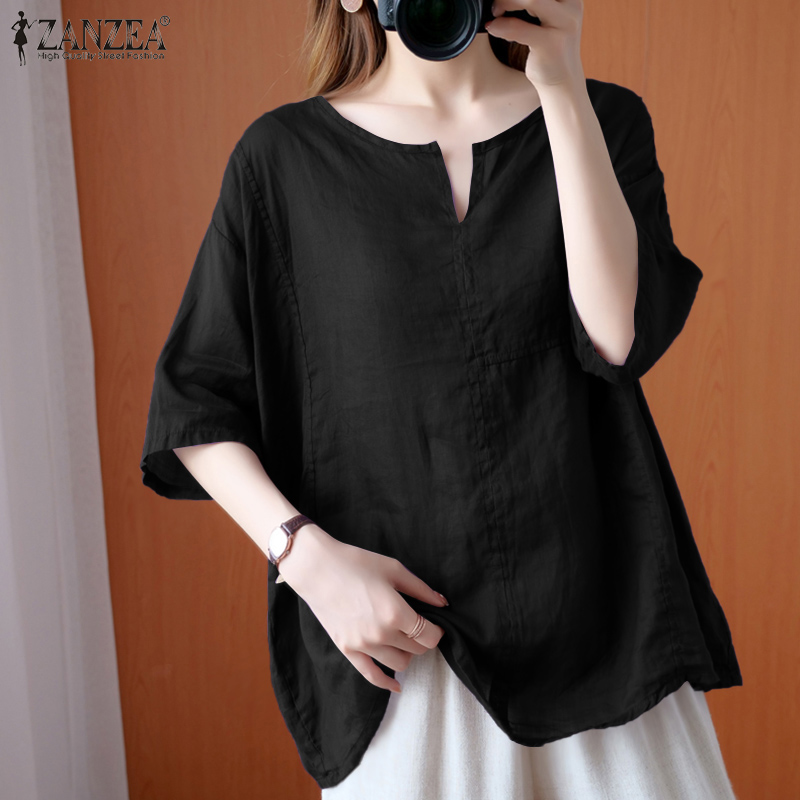 Áo Kiểu ZANZEA Tay Lửng Cổ Tròn Màu Trơn Thời Trang Dành Cho Nữ