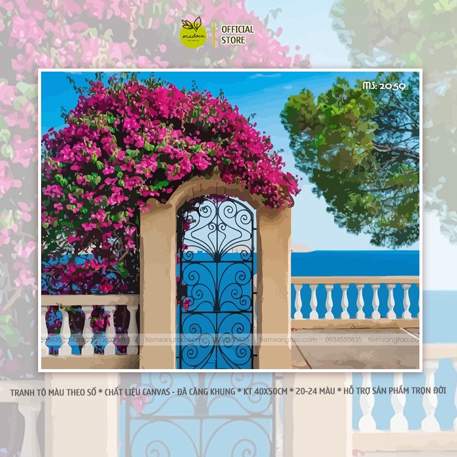 Tranh tô màu số hóa Madoca có khung 40x50cm cổng vòm hoa giấy T2059