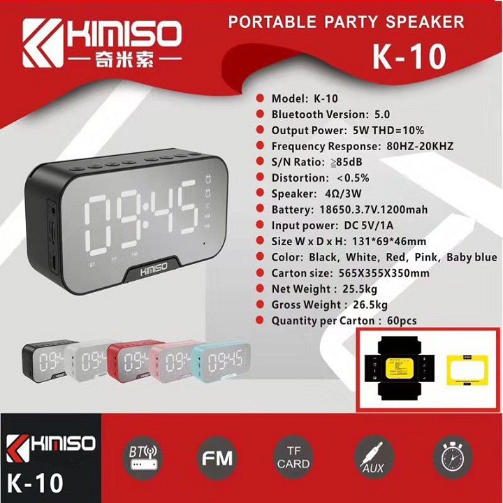 Loa Bluetooth Kiêm Đồng Hồ K10 Kimiso có nhiệt kế đo nhiệt độ phòng mặt gương thiết kế sang trọng