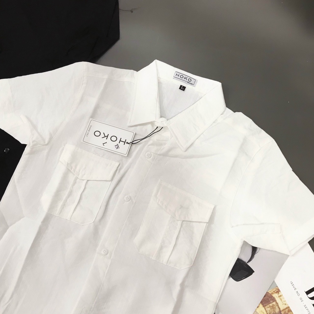 Áo sơ mi nam tay ngắn trơn màu vải Đũi Thái cao cấp phối túi sang trọng lịch lãm WEDO FASHION