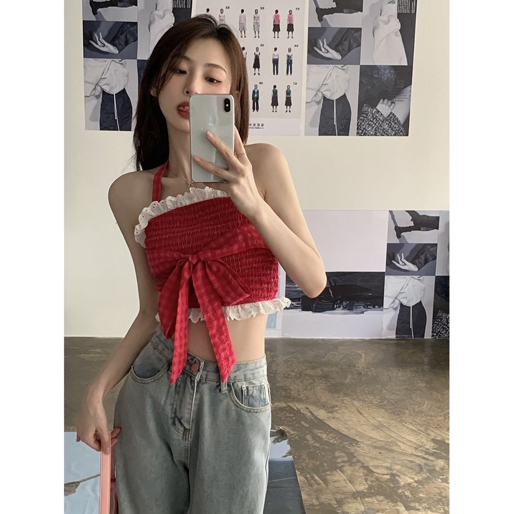 Áo Croptop Hai Dây Phối Ren Thắt Nơ Ngọt Ngào Thời Trang Mùa Hè Cho Nữ
