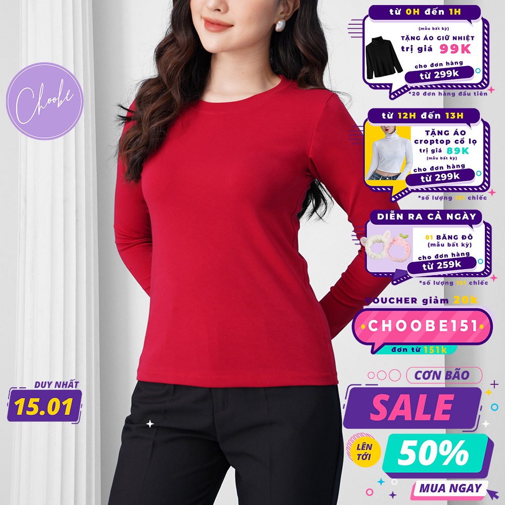Áo phông nữ Choobe dài tay dáng ôm body thun cotton trơn cổ tròn màu đen trắng đỏ be A38