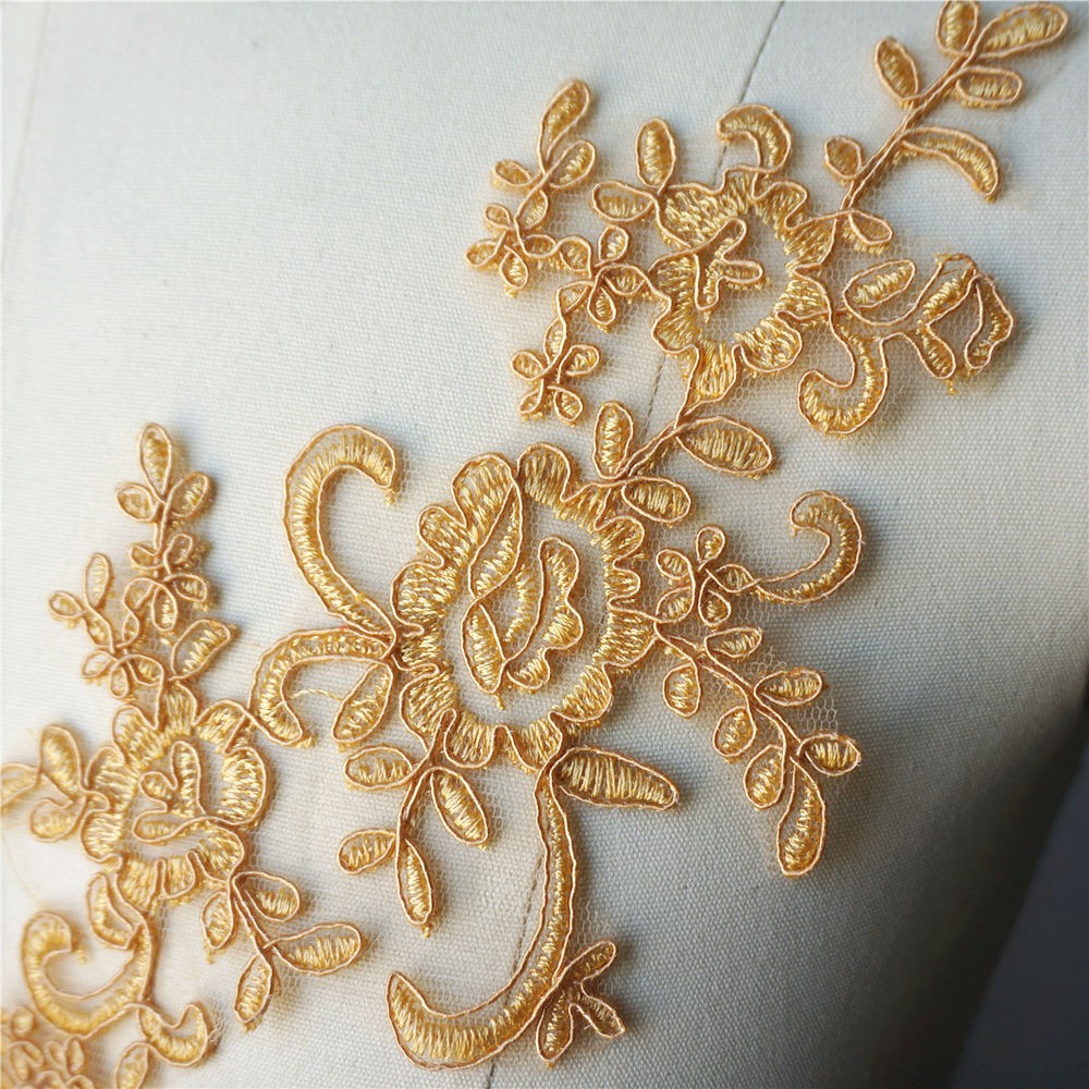 Set 2 Miếng Vải Ren Thêu Hoa Màu Vàng Dùng May Cổ Áo Cưới diy