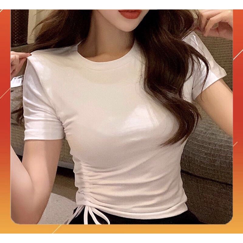 [Hình thật +video] Áo thun crotop rút dây 1 bên, chất thun gân ulzzang