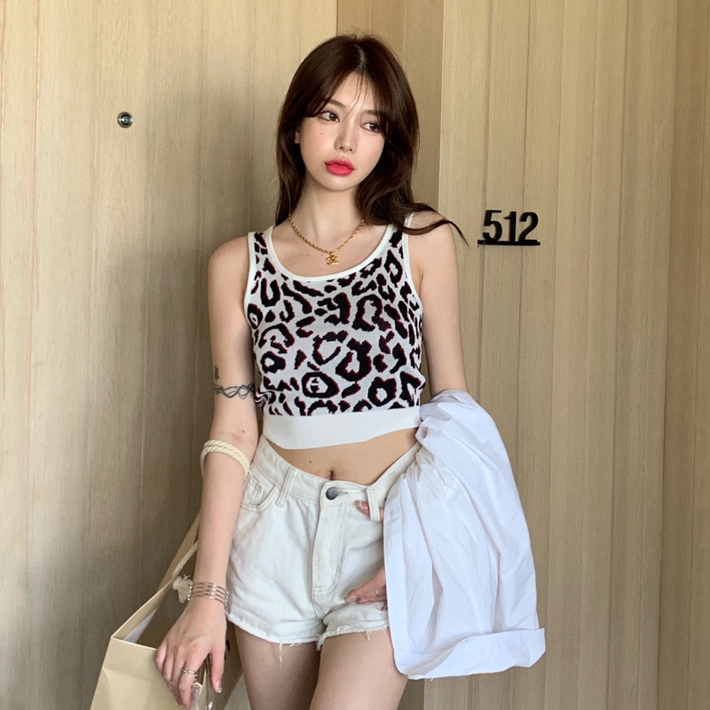 Áo Hai Dây Dệt Kim In Họa Tiết Da Báo / Da Báo Quyến Rũ Cho Nữ