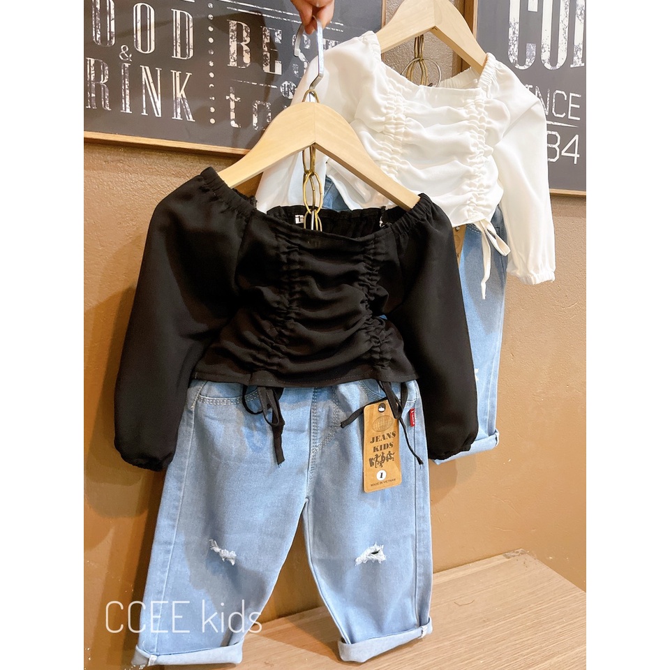 Sét bộ áo nhún dây rút 2 dây kèm quần jean cho bé