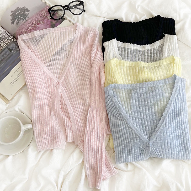Áo khoác cardigan len mỏng 1 cúc dáng croptop ngắn dệt kim cao cấp Quảng Châu nhiều màu đen kem trắng xanh Kozoda AC14