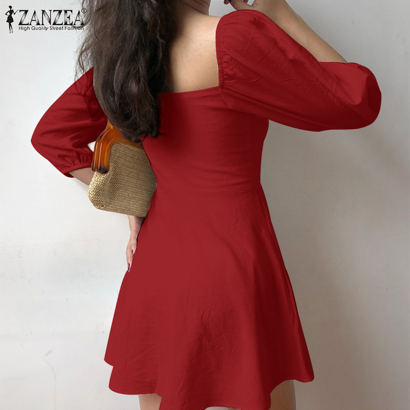 Đầm Ngắn Nữ ZANZEA Màu Trơn Tay Ngắn Cổ Áo Trái Tim Ôm Dáng Thời Trang
