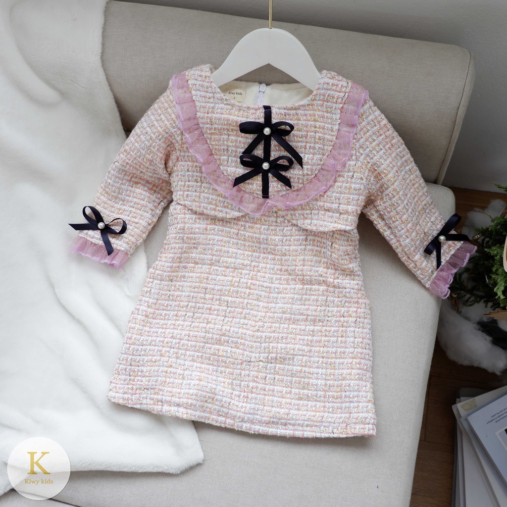 Váy dạ lót lông bé gái Kiwy Kids chất liệu dạ tweed ấm áp đính nơ dễ thương Kids70 cho bé gái từ 1 đến 7 tuổi