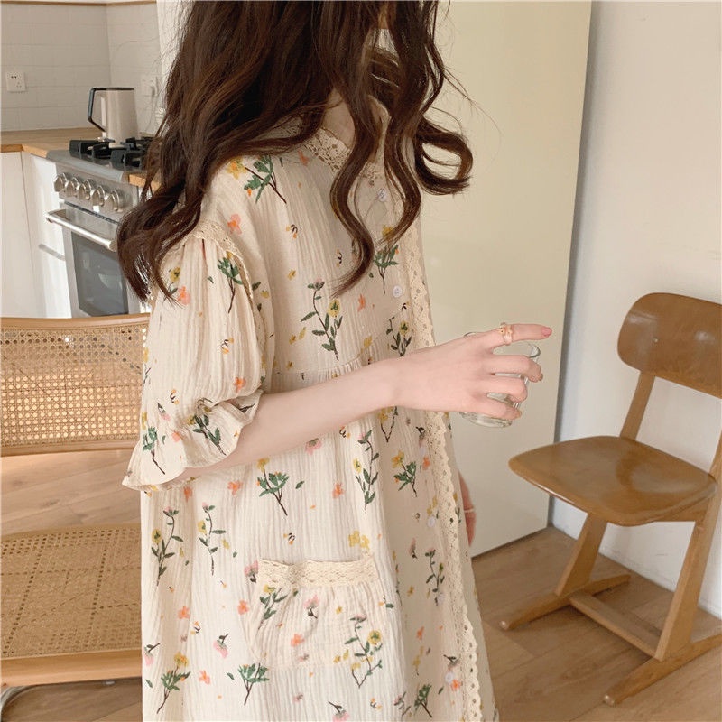 Đầm Ngủ Tay Ngắn Dáng Dài Rộng In Họa Tiết Hoa Thời Trang Mùa Hè Phong Cách Hàn Quốc Cho Nữ