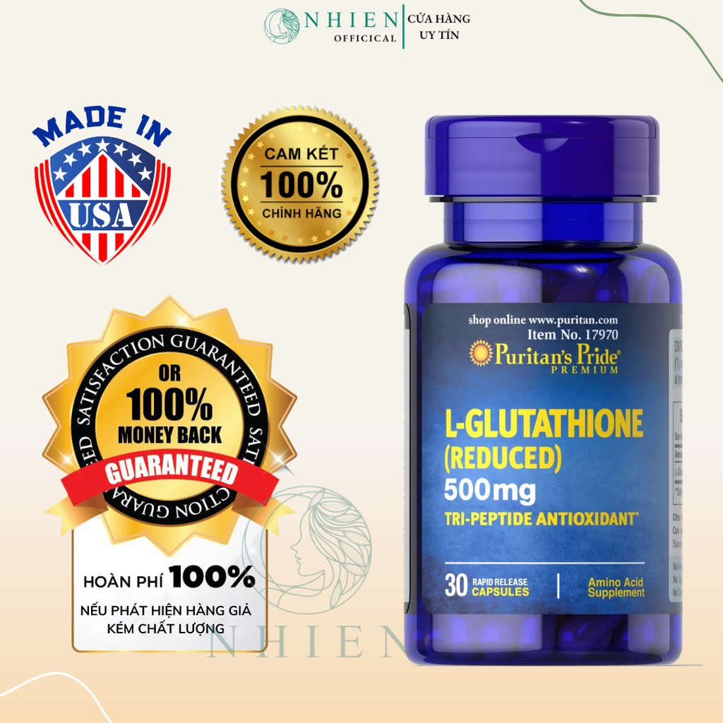 Viên uống trắng da L-Glutathione 500mg chống lão hóa  Puritan's Pride 30 viên