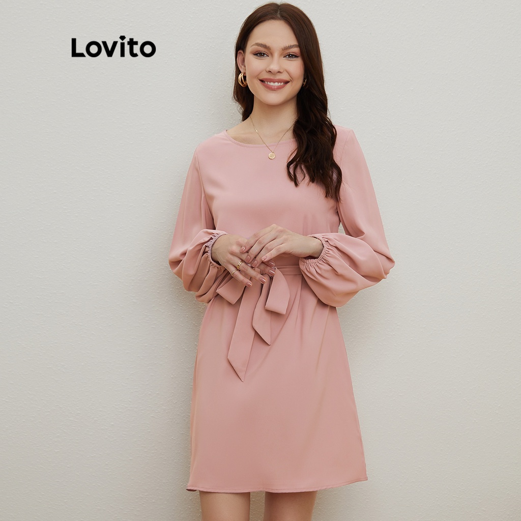 Lovito Đầm trễ vai tay dài vừa phải L20D151 (Hồng)