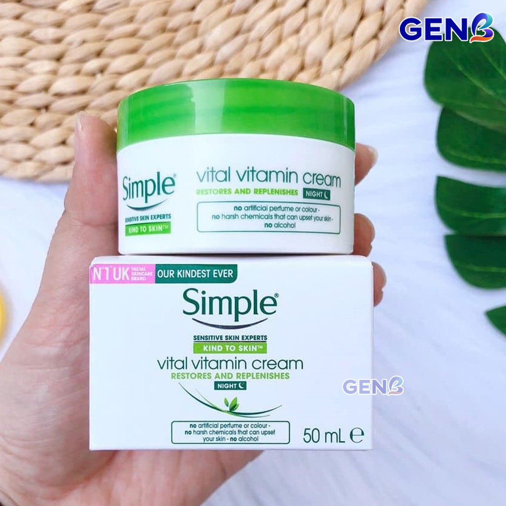 Kem Dưỡng Ẩm SIMPLE Kind To Skin Vital BAN ĐÊM Dưỡng Trắng Da Mặt KHÔNG CỒN Cấp Ẩm Da Khô Da NHẠY CẢM Mỹ Phẩm Auth GENB