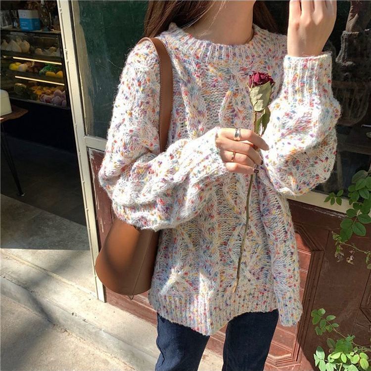 Áo Sweater chui đầu dáng rộng in hoa kiểu Retro Nhật Bản dễ thương cho nữ