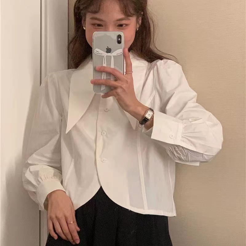 Áo Sơ Mi Nữ Tay Dài Dáng Rộng Cổ Bẻ Phong Cách retro Thời Trang