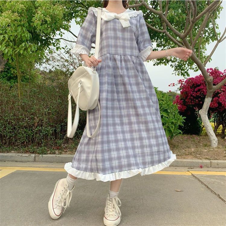 Đầm Midi Tay Ngắn Dáng Rộng Cổ Thủy Thủ Phong Cách Hàn Quốc Thời Trang Mùa Hè Xinh Xắn Cho Nữ