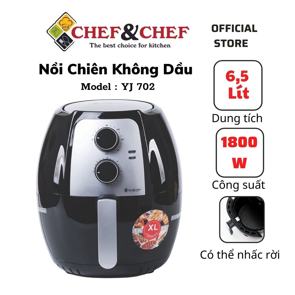 Nồi chiên không dầu CHEF&CHEF 6,5l (YJ – 702) thiết kể mang kiểu dáng hiện đại, sang trọng với màu đen bắt mắt