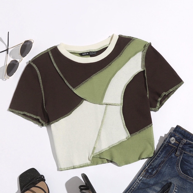 Áo croptop nữ chắp vá nhiều màu Aimee closet