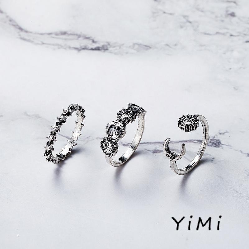 [mo] Bộ 3 Nhẫn Hình Ngôi Sao Mặt Trăng Sáng Tạo Phong Cách Retro