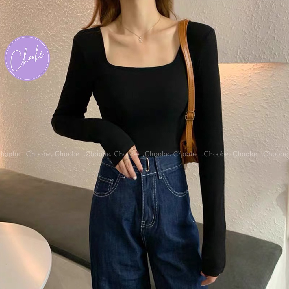 Áo croptop tay dài Choobe cổ vuông vải thun ôm body crotop nữ cotton co giãn tốt A35 | BigBuy360 - bigbuy360.vn