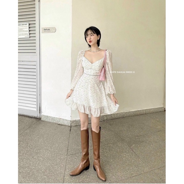 Đầm hoa nhí tay dài vintage tay phồng viền ren dáng ngắn xòe hoa xanh