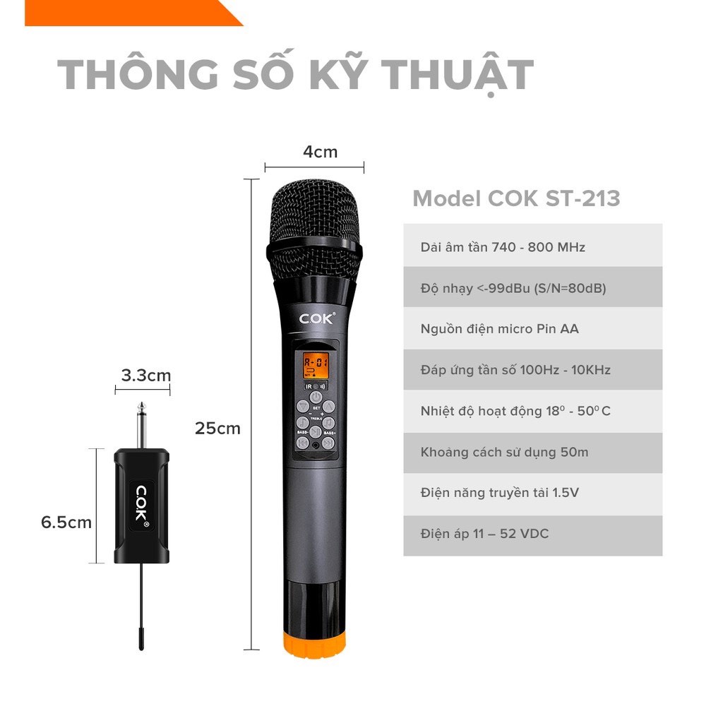 Micro không dây COK ST-213 CHÍNH HÃNG đa năng cao cấp chỉnh âm [phù hợp mọi loa kéo &amp; dàn âm ly]