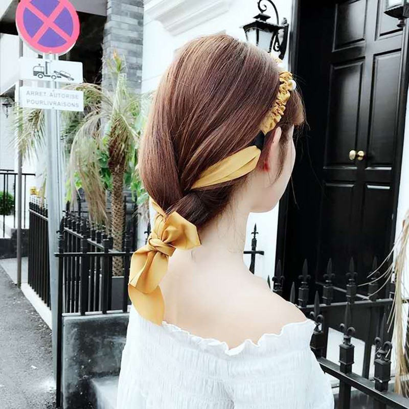 Băng Đô Nơ Đính Ngọc Trai Màu Sắc Đơn Giản Phong Cách Hàn Quốc