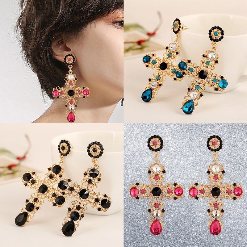 Hoa tai dáng dài mặt chữ thập đính đá phong cách cổ điển