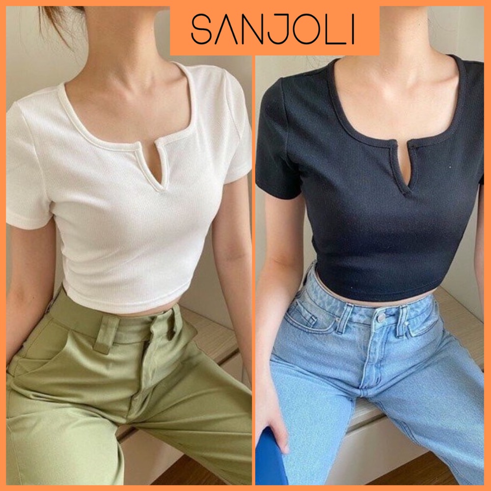 Áo Croptop Cổ Vuông SANJOLI Croptop Kiểu Tay Ngắn Ôm Body Sexy Ulzzang Hàn Quốc AO040