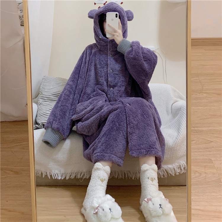 {Nightgown} Bộ Đồ Ngủ Vải Lông Hai Mặt Có Mũ Trùm Đầu Hình Gấu Dễ Thương Mặc Ở Nhà Ngoài Trời Thời Trang Thu Đông Cho Nữ 4JA9 * & & * | BigBuy360 - bigbuy360.vn