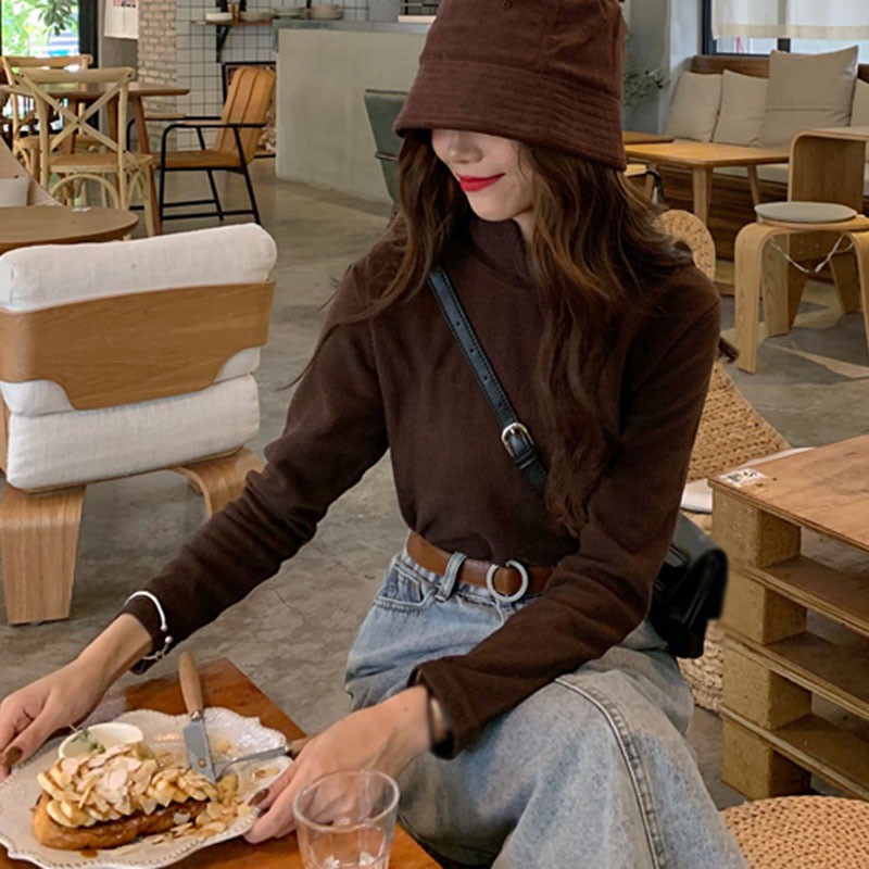 Áo Thun Nữ Tay Dài Cổ Cao Màu Trơn Phong Cách Hàn Quốc