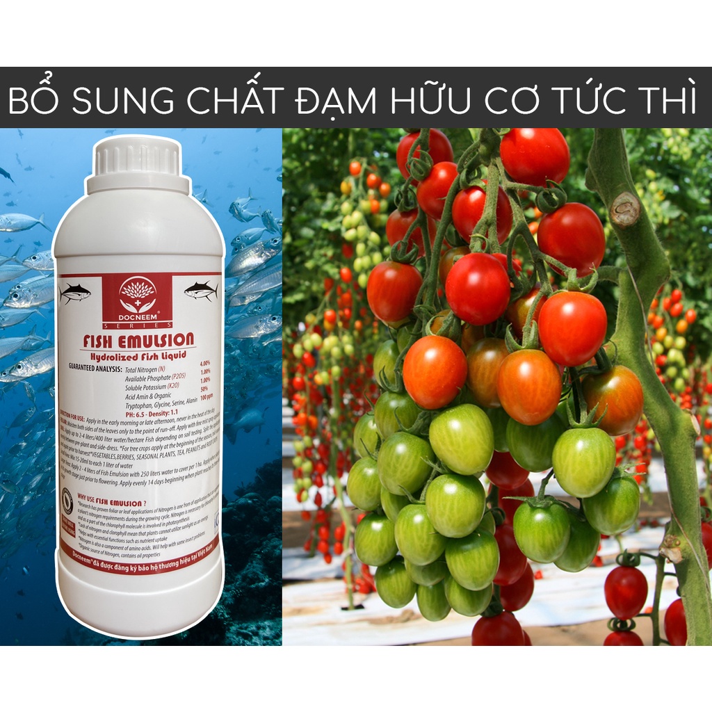 Phân đạm cá Fish Emulsion DOCNEEM, chai 1 lít, hữu cơ cho hoa hồng, hoa lan, rau sạch, hoa,cây cảnh, chính hãng