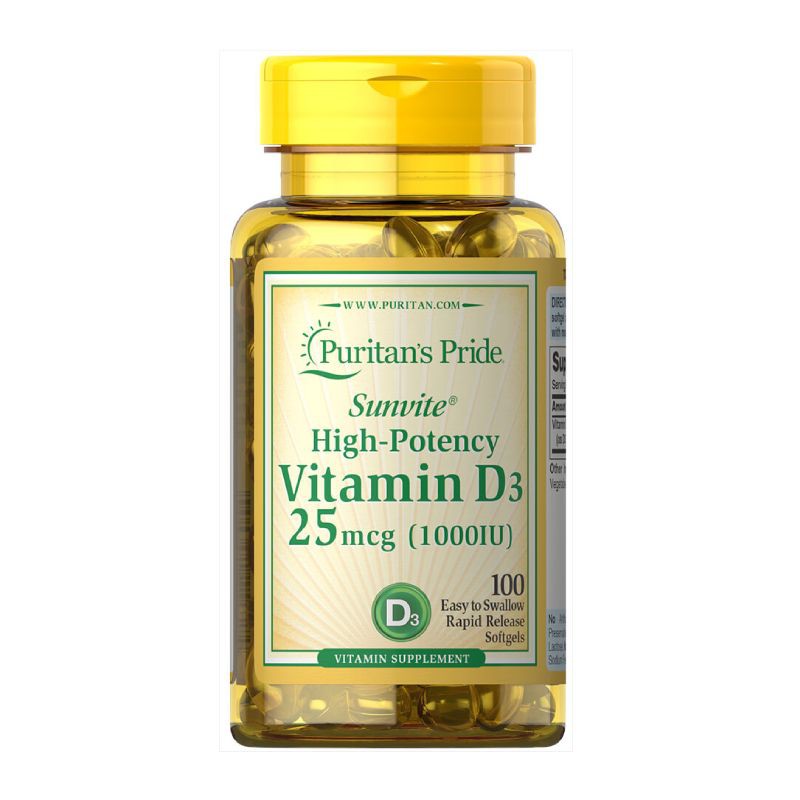 Viên uống tăng cường miễn dịch, ngừa viêm phổi viêm khớp, tăng hấp thu canxi Puritan's Pride Vitamin D3 1000 IU 100v